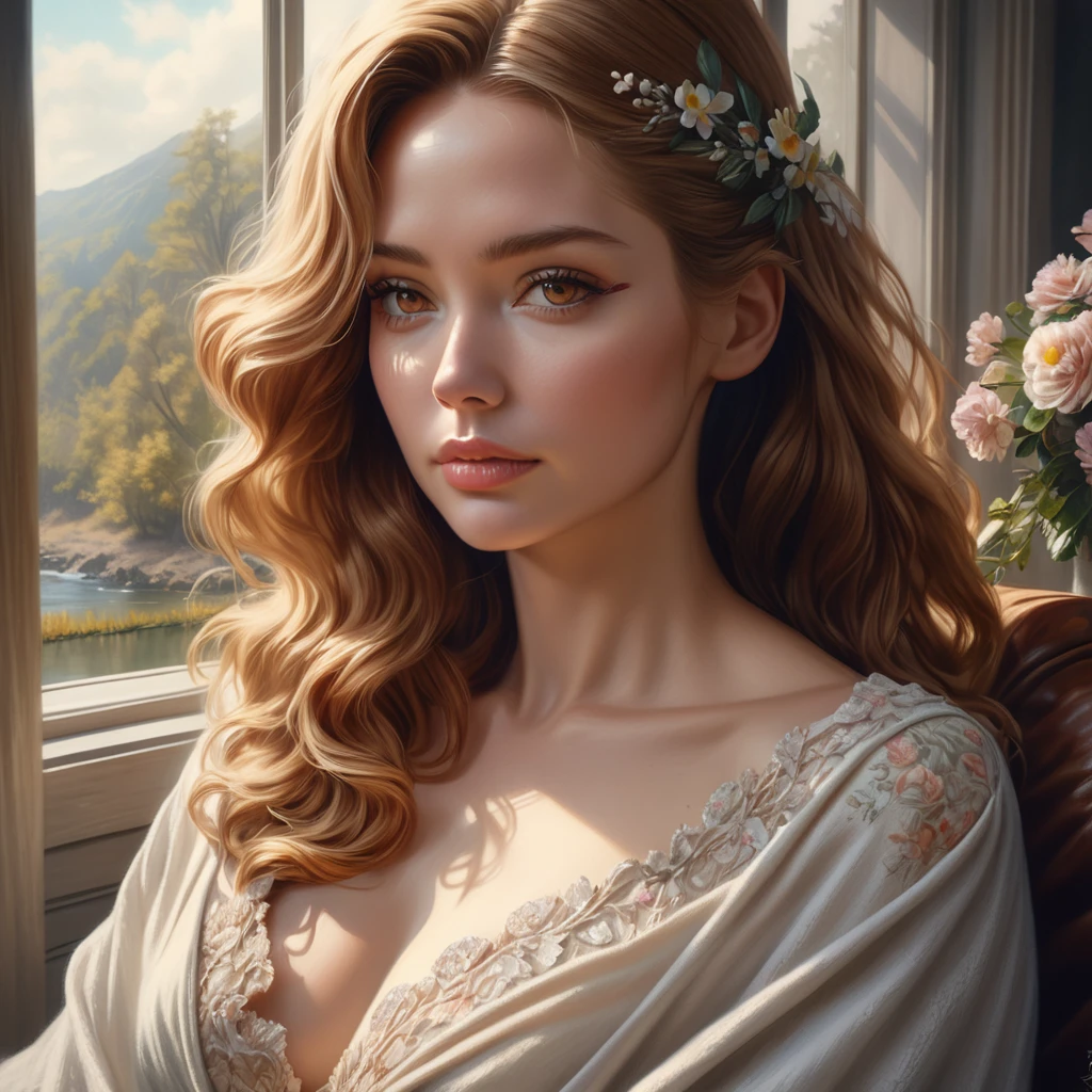 masterpiece, top quality, super detailed, high resolution, (realistic, photorealistic:1.37), excellent anatomy, beautiful 1 woman, (4K,8K), oil painting, soft sunlight, vivid colors, beautiful detailed eyes, beautiful detailed lips, a flowing dress, gentle wind, blooming flowers, peaceful ambiance, painting style, warm tones, natural lighting, adult lady, best light, best shadow, perfect face, highly detailed,