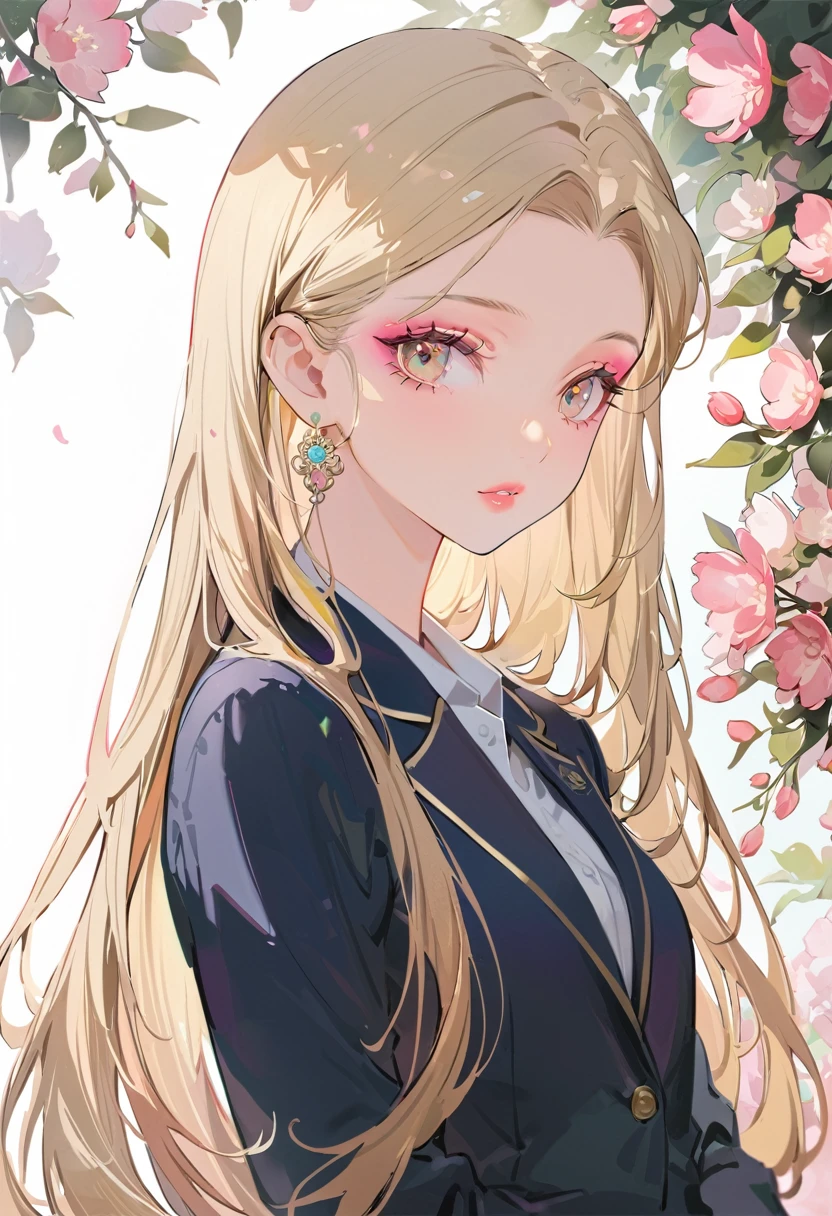 (Highest quality,Super detailed,High resolution:1.2),Beautiful girl with a perfect face,very_Long eyelashes, Detailed lips, Cool look, soft skin, ,Vibrant Background, Natural light,The cutest girl in the world,Exquisite makeup,Blonde straight long hair with pink mesh at the ends，Student uniform、Navy blazer over a white shirt