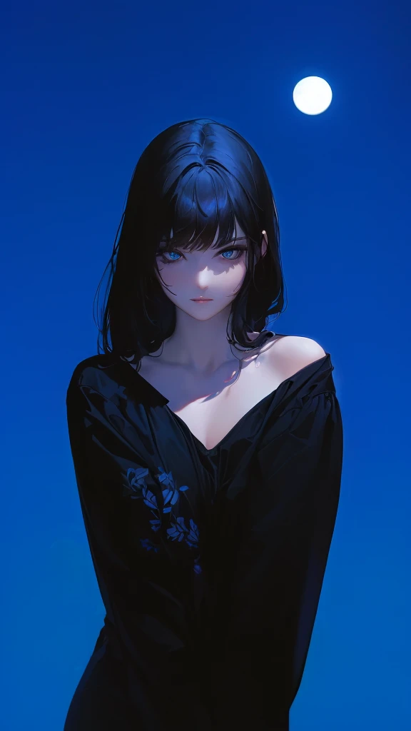 ultra-detailed, beautiful eyes, detailed eyes, detailed face, woman in black casual dress against full moon background, master piece, best quality, high resolution, 16k