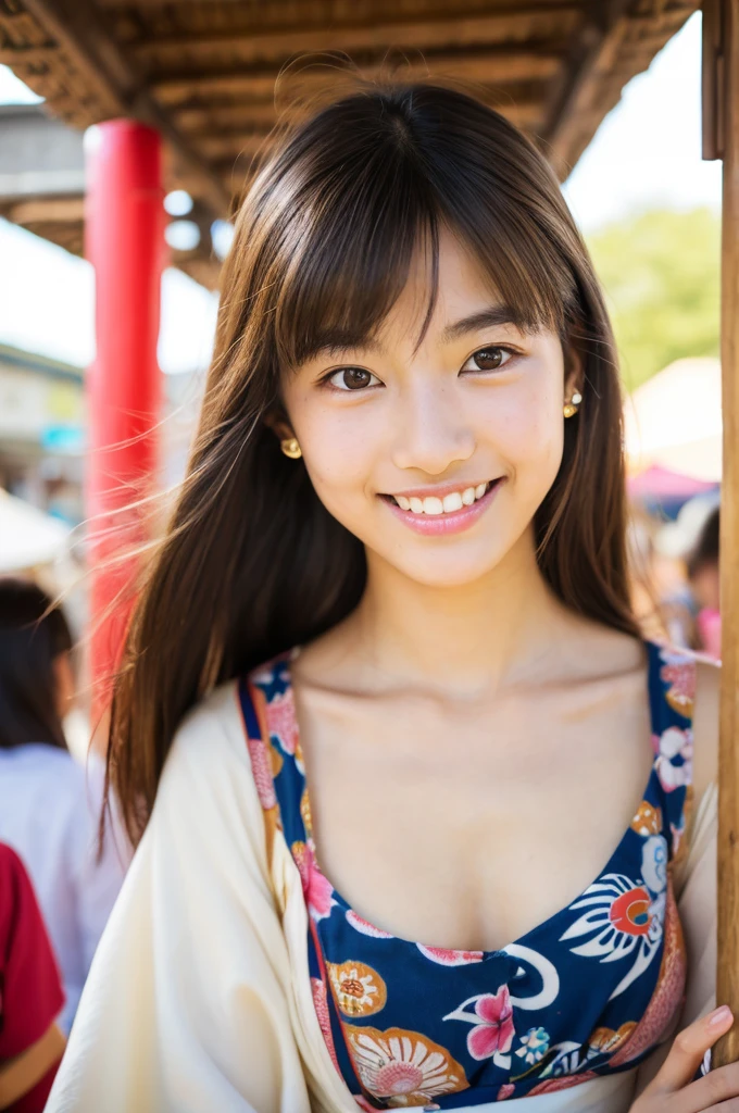 ((Yukata)), traditional Japanese kimono, summer festival night stall, first year high school student, ((full body)), ((photo)), ((best qualtiy, 8K, tmasterpiece:1.3)), Focus:1.2, perfect figure beautiful girl:1.4, 1girl, cowboy shot, look at viewer, incredibly absurd, beautiful and cute girl with a photorealistic face, showcasing top-quality craftsmanship, A Japanese girl walking around looking at the food stalls at a summer festival on a night, 15 years old, straight hair that reaches about 10cm below her shoulders, light brown hair color, shiny hair, bangs cut straight above her eyes, hair tucked behind her ears, soft round face, large almond-shaped eyes, light brown eye color, long eyelashes, thin and neat eyebrows, small nose with a straight bridge, cherry-colored lips, bright smile, white teeth, smooth skin, fair skin, light pigmentation, freckles, average height, lithe figure, well-balanced proportions, small A-cup breasts, white and pink pastel-colored yukata, bracelet with charms, diamond stud earrings, beautiful girl, pure, moe, cheerful, curious, friendly, polite, responsible, likes festivals and events, August