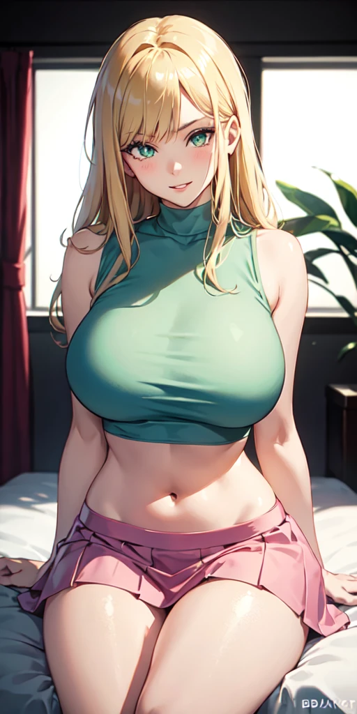 1 girl, solo, Big round breasts, curvy hips, hourglass waist, realistic, bright blonde hair, light green eyes, amazing big eyes, eye details, eyebrow details, crop top, pink skirt, parted lips, blush, confident, dominant, bdsm, smirk, naughty, mischevious face, HD, good quality, bedroom setting, sitting on bed