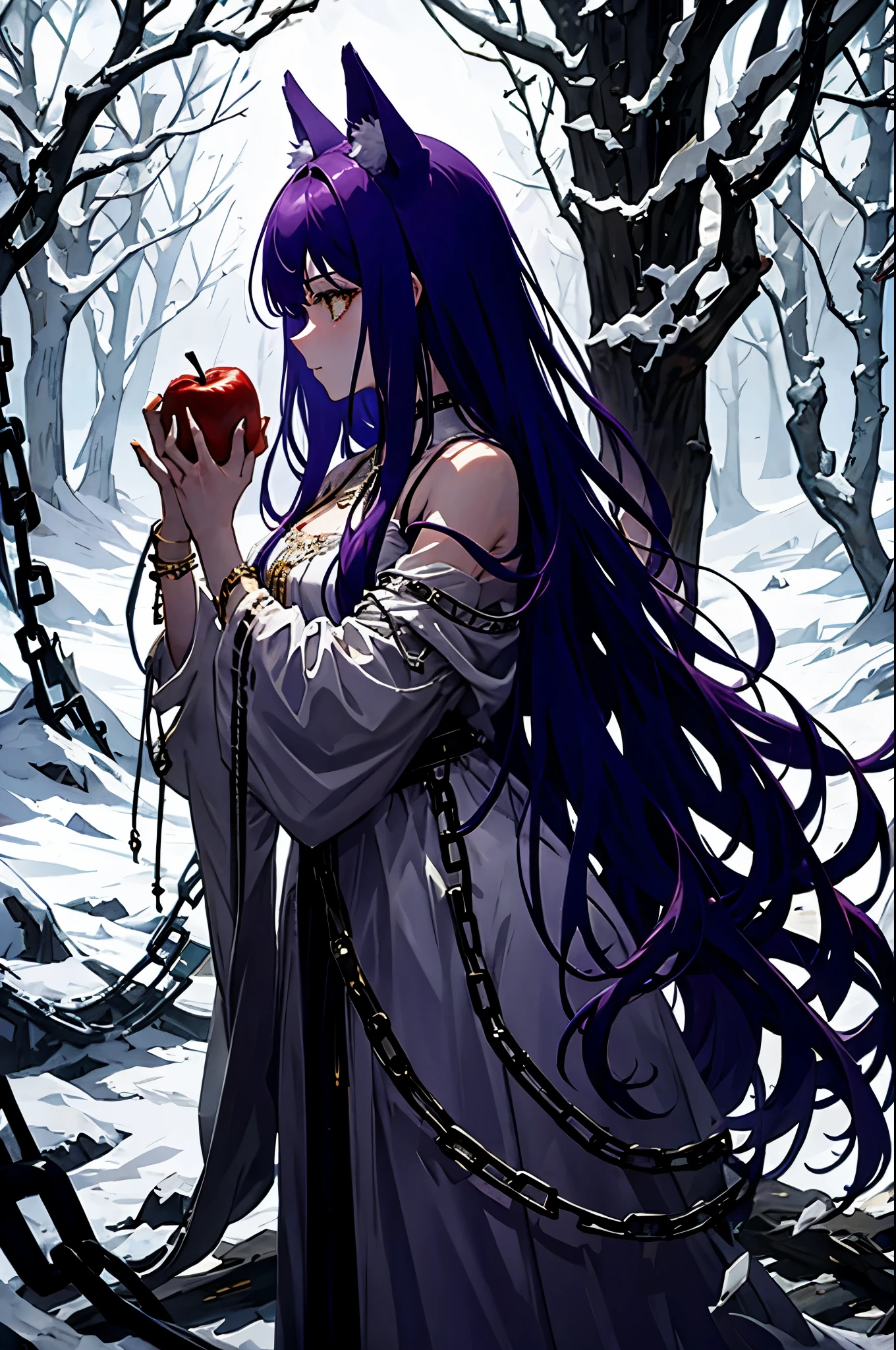 Fenrir, side view, eating apple, long hair, purple hair, yellow eyes, tattered clothes, white dress, chained, golden chain, apple, 