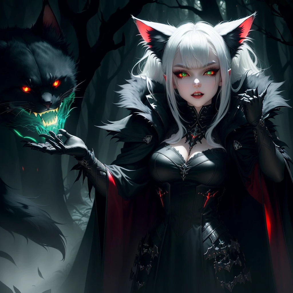 Vampire (neko) Girl with long vampire fangs. tousled short white hair hair. cat pupils in white glowing eyes, cat ears. long vampire fangs, very extremely beautiful, Beautiful face of a young woman. Gothic Necromancer Armor, red, Black pants. grey fur cape, grey fur mantle, many details, Mystical green forest. Semi-fantastic realism. the golden ratio. a lot of details, necromancy, Lots of glowing elements. fantasy style.