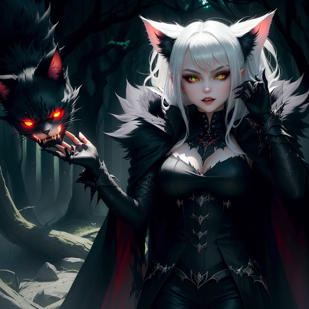 Vampire (neko) Girl with long vampire fangs. tousled short white hair hair. cat pupils in white glowing eyes, cat ears. long vampire fangs, very extremely beautiful, Beautiful face of a young woman. Gothic Necromancer Armor, red, Black pants. grey fur cape, grey fur mantle, many details, Mystical green forest. Semi-fantastic realism. the golden ratio. a lot of details, necromancy, Lots of glowing elements. fantasy style.