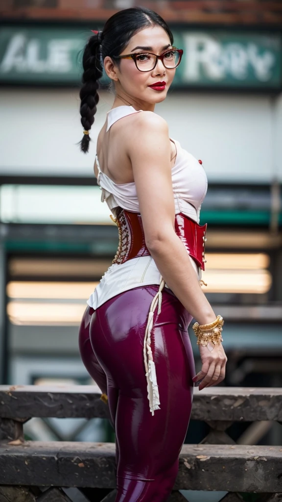 White girl with long black hair pulled back in braids. She's standing on a stage by herself. She's wearing skin tight white spandex pants and an oversized magicians jacket with long coattails. It is black. She has an ((enormous butt)) that the coat hangs off the sides. She has bright red lips and dark eyeshadow with red points. She is wearing a white corset top that is very tight. She is very thin except for her thighs. Her thighs are chubby. She's holding a black magicians hat while a black wand is floating above it. With blue ethereal flames radiating from the top of the hat. ((she is amazed)). ((REALISTIC)).