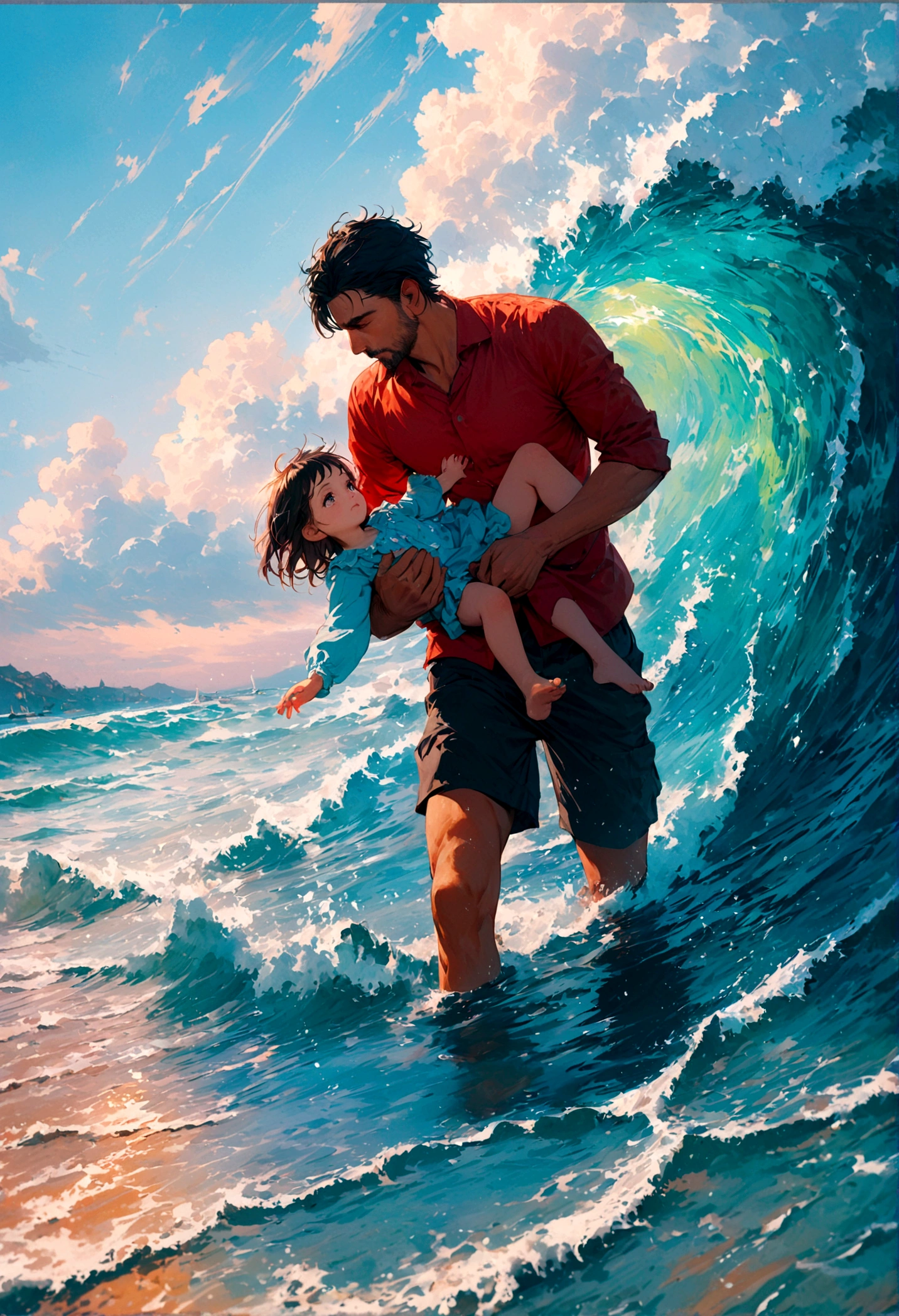 A father with black hair and a daughter with white hair, a father holding his child's hand while playing in the sea during the day.