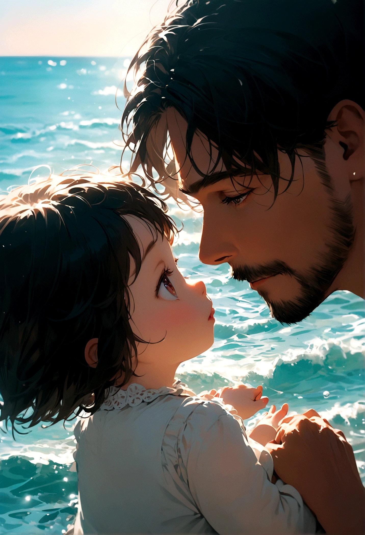 A father with black hair and a daughter with white hair, a father holding his child's hand while playing in the sea during the day.