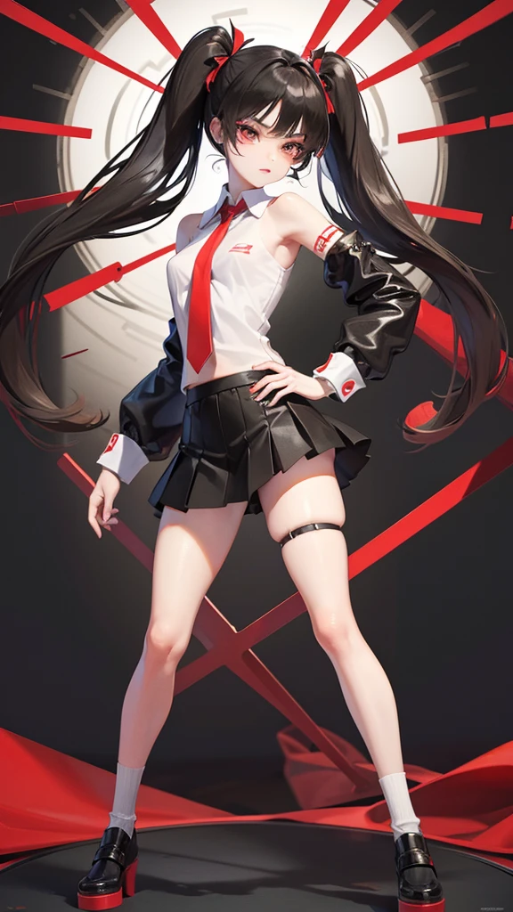 girl has sex in a short skirt in knee-length stockings, red-black hair,Twin Tail, full height, 3D wallpaper.