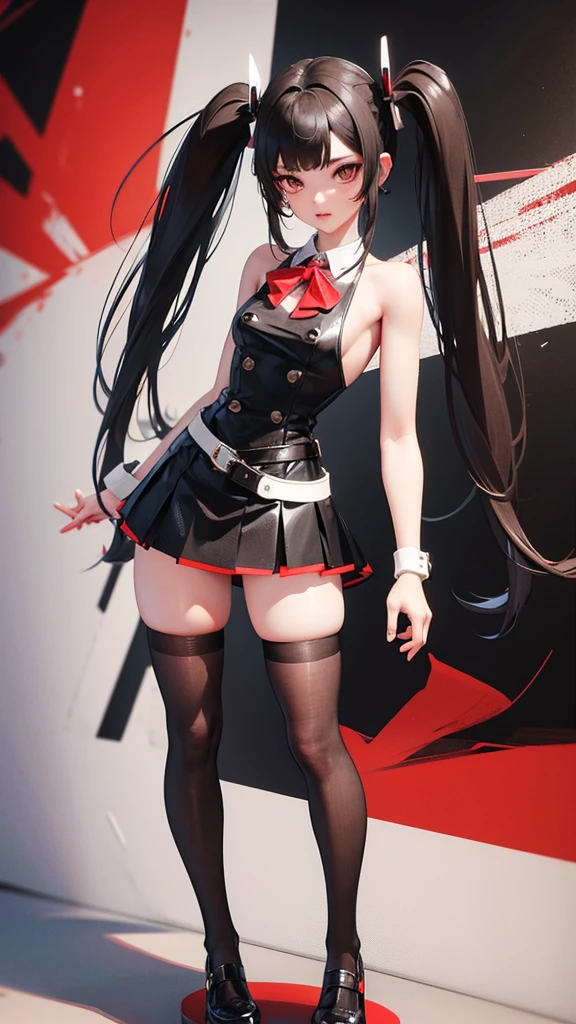 Naked girl in a short skirt in knee-length stockings, red-black hair,Twin Tail, full height, 3D wallpaper.