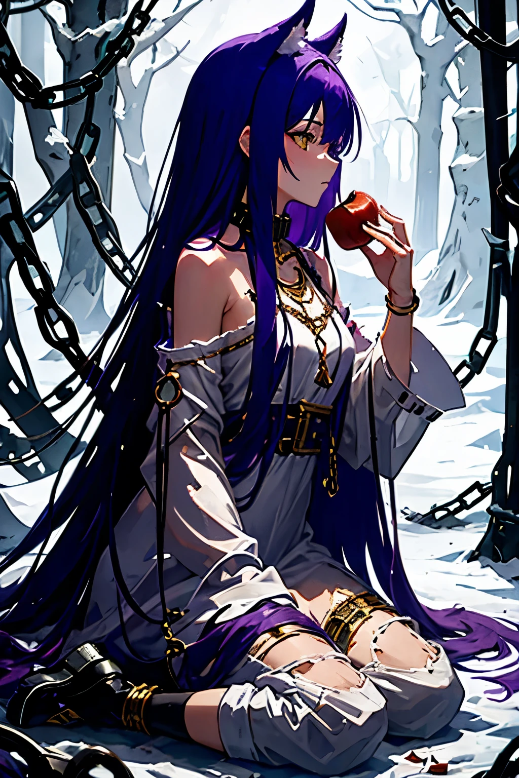 Fenrir, side view, eating apple, long hair, purple hair, yellow eyes, tattered clothes, white dress, chained, golden chain, apple, 