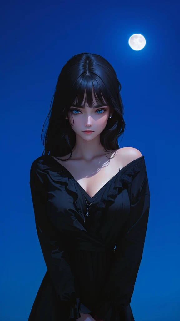 ultra-detailed, beautiful eyes, detailed eyes, detailed face, woman in black casual dress against full moon background, master piece, best quality, high resolution, 16k
