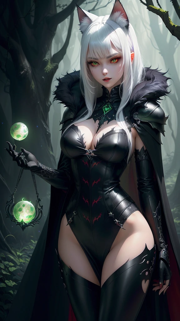 Vampire (neko) Girl with long vampire fangs. tousled short white hair hair. cat pupils in white glowing eyes, cat ears. long vampire fangs, very extremely beautiful, Beautiful face of a young woman. Gothic Necromancer Armor, red, Black pants. grey fur cape, grey fur mantle, many details, Mystical green forest. Semi-fantastic realism. the golden ratio. a lot of details, necromancy, Lots of glowing elements. fantasy style.