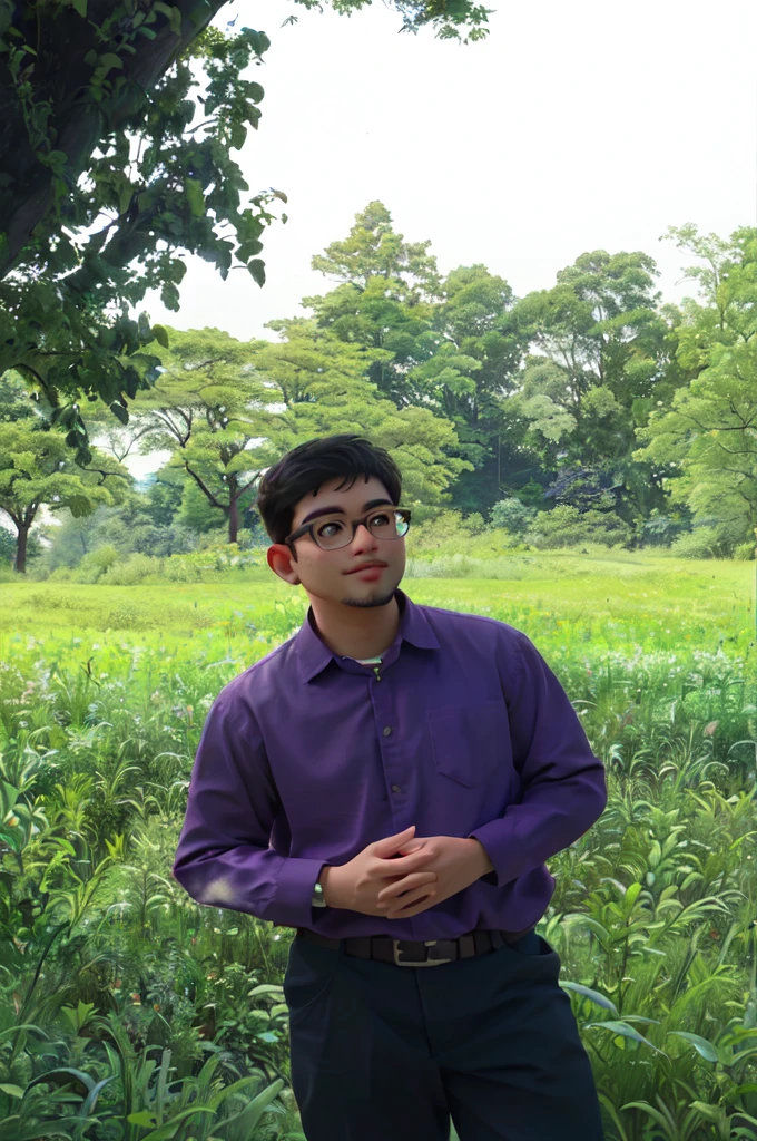 man with glasses in a purple shirt standing in a field of tall grass, in front of a forest background, nivanh chanthara, ramil sunga, mohamed chahin, in a large grassy green field, assamese aesthetic, in a open green field, in a field, nuttavut baiphowongse, portait image