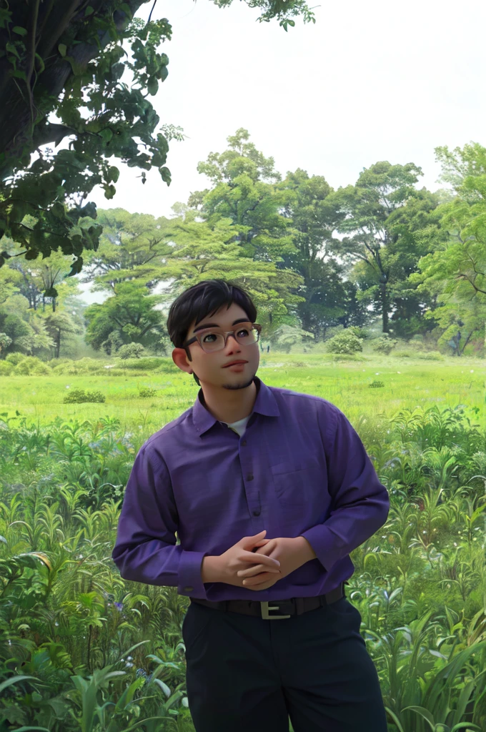 man with glasses in a purple shirt standing in a field of tall grass, in front of a forest background, nivanh chanthara, ramil sunga, mohamed chahin, in a large grassy green field, assamese aesthetic, in a open green field, in a field, nuttavut baiphowongse, portait image