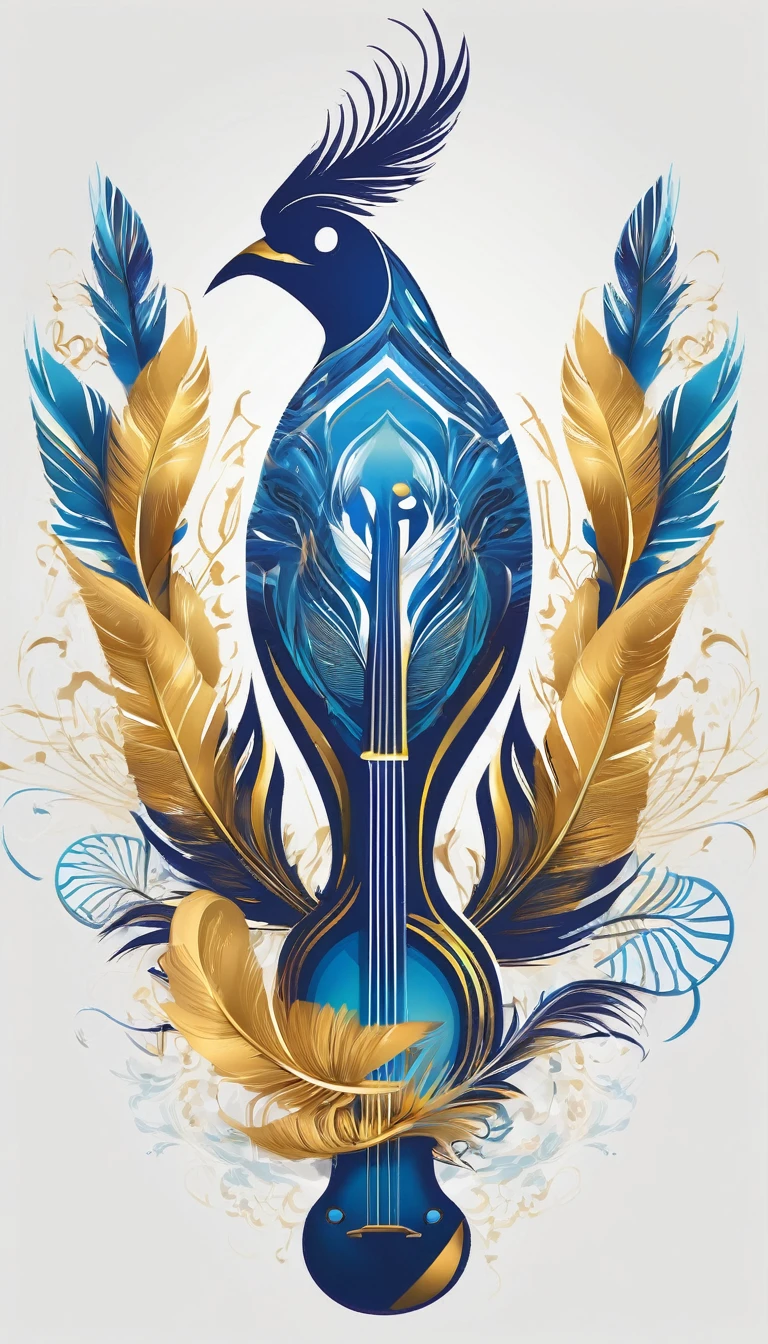 Create a flat vector, illustrative-style wordmark logo design for a storytelling and musical brand named 'Penamemoria'. The 'P' in 'Penamemoria' is transformed into a stylized feather, suggesting the brand's inspiration from fantasy birds. Use shades of blue, white and gold, evoking the imaginary and golden memories against a white background. Do not show any realistic photo detail shading. Include a boy playing acoustic guitar and a fantasy, unique feather by his side. Create a modern, logo that convey a sense of storytelling, dreaming and stories.
