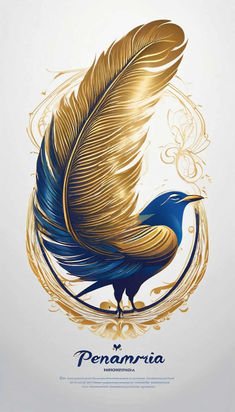 Create a flat vector, illustrative-style wordmark logo design for a storytelling and musical brand named 'Penamemoria'. The 'P' in 'Penamemoria' is transformed into a stylized feather, suggesting the brand's inspiration from fantasy birds. Use shades of blue, white and gold, evoking the imaginary and golden memories against a white background. Do not show any realistic photo detail shading. Include a boy playing acoustic guitar and a fantasy, unique feather by his side. Create a modern, logo that convey a sense of storytelling, dreaming and stories.
