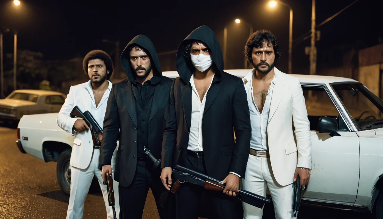 Brazil, 70s, night, next to a car on a dark street, armed with pistols and 38 caliber shotguns, three men of approximately 30 years old, are wearing black clothes and hoods, they are armed with pistols and 38 caliber shotguns. bleeding, man, 30 years old, wearing a white suit, he is very injured. Realistic photo, cinema scene, 4k.