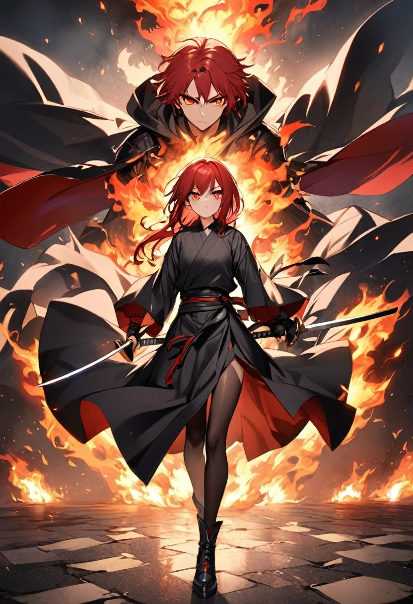 whole body、Red hair、Swordsman、Black robe、Beauty、Young、Burning Eyes