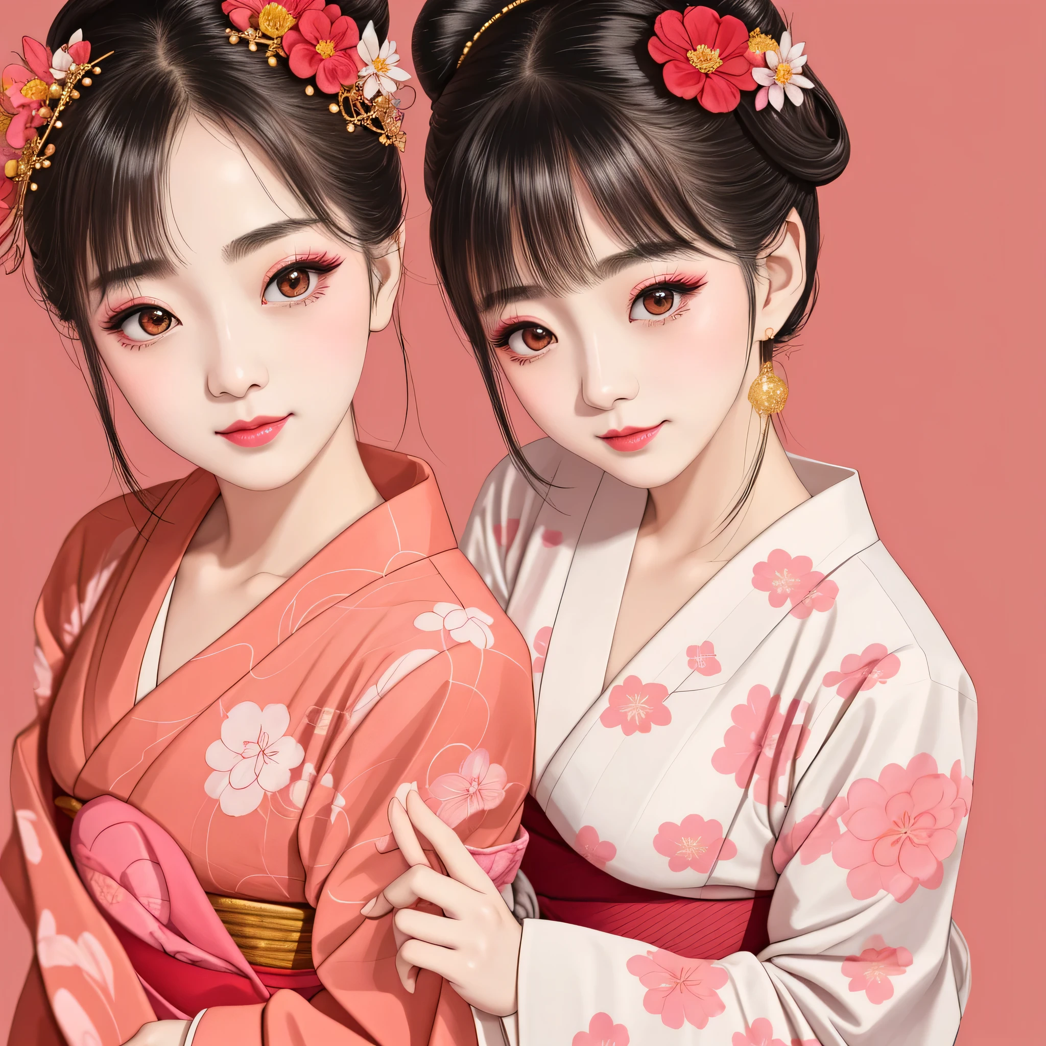 Each has a different expression２People and sisters、(２ girls）、｟Dancing traditional arts with grace)、((Big Breasts、Small Face、Not exposed))、Highest quality、masterpiece、（Black Hair、Bun Hair）、Brown Eyes、｟Wide angle、Angle from above the waist、Pause on the magazine cover、Their gazes are different, gazing into the distance｠、(８K High Quality、masterpiece、High resolution、Realistic and beautiful light and shadow、(Highest quality)、(High Resolution)、(Very delicate and beautiful)、(Beautiful 8k face)、(With a smile、Beautiful eyes)、(Clear skin)、(Soft hair)、(８Head to Body)、(A Japanese style yukata kimono with red, pink and orange floral patterns on a white background, interspersed with gold powder、Wearing a yukata２Beautiful Japanese girls)、((Tanabata decoration background))、((Small Face))、(arms up)、Thin and small nose、（Red lipstick）、（Make your cheeks red）、（Glossy skin）、((Ink painting style))、Very thin eyebrows、Overall ultra-high image quality、（She is wearing maiko-style makeup.）、Whitening、Long and beautiful eyelashes、Glowing Skin、（Red cheeks）,Straight nose、masterpiece、Highest quality、whole body、 Eyebrows visible through hair、Bun Hair、Grin、Gal、Gal、Viewer&#39;s Eyes、Plaid、Stylish、woman、fine、Pause、
Waiting to start 
