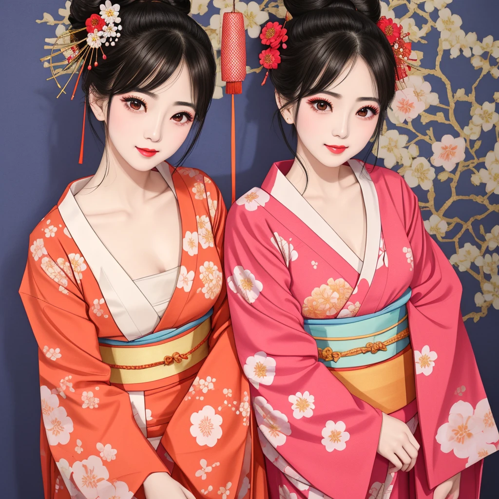 Each has a different expression2People and sisters、(2 girls)、⦅Dancing traditional arts with grace)、((Big Breasts、Small Face、Not exposed))、Highest quality、masterpiece、(Black Hair、Bun Hair)、Brown Eyes、⦅Wide angle、Angle from above the waist、雑誌の表紙のPause、Their gazes are different, gazing into the distance⦆、(8K High Quality、masterpiece、High resolution、Realistic and beautiful light and shadow、(Highest quality)、(High Resolution)、(Very delicate and beautiful)、(Beautiful 8k face)、(With a smile、Beautiful eyes)、(Clear skin)、(Soft hair)、(8Head to Body)、(A Japanese-style yukata kimono with red, pink, orange and blue floral patterns on a white background, interspersed with gold powder、Wearing a yukata2Beautiful Japanese girls)、((Tanabata decoration background))、((Small Face))、(arms up)、Thin and small nose、(Red lipstick)、(Make your cheeks red)、(Glossy skin)、((Ink painting style))、Very thin eyebrows、Overall ultra-high image quality、(She is wearing maiko-style makeup.)、Whitening、Long and beautiful eyelashes、Glowing Skin、(Red cheeks),Straight nose、masterpiece、Highest quality、whole body、 Eyebrows visible through hair、Bun Hair、Grin、Gal、コGal、Viewer's Eyes、Plaid、Stylish、woman、fine、Pause、
Waiting to start