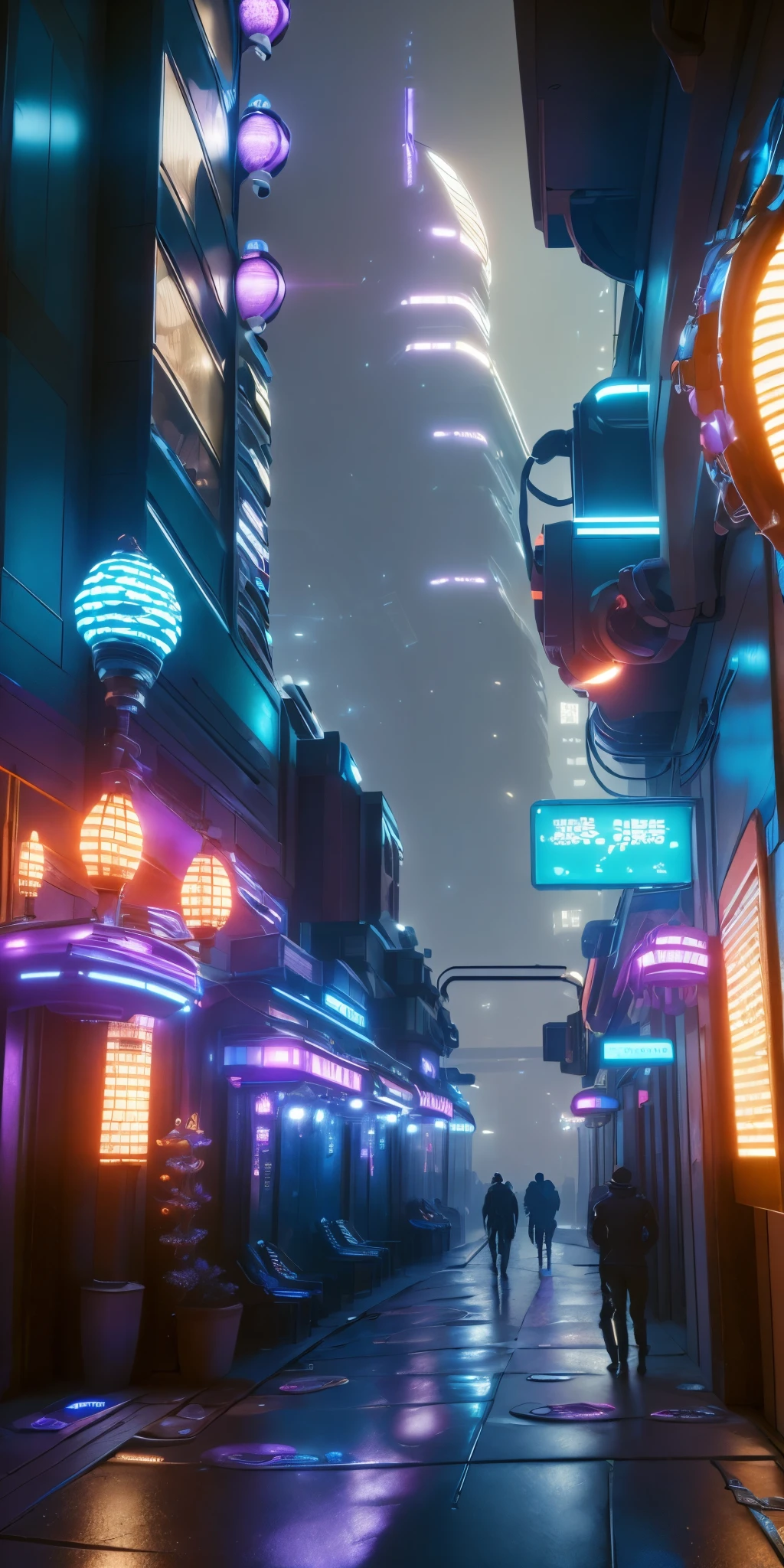 An illustration depicting a cyberpunk cityscape at night. A narrow alley filled with neon signs and exotic, futuristic lamps illuminating the surroundings. Various colors of neon lights are scattered along the street, with blue and purple lights standing out prominently. The buildings feature unique decorations with elements of Asian-style design. The sidewalk has a wet sheen, reflecting the lights. The perspective provides a sense of depth, with tall skyscrapers visible in the background. The image is rich in detail, creating a fantastical and futuristic atmosphere.