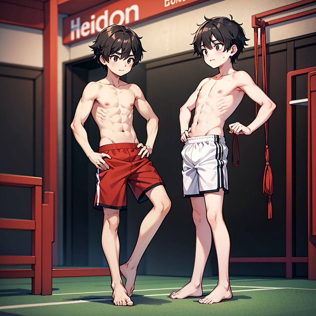 Boy with BLACK Hair, Brown Eyes, Shirtless, Barefoot, Red Shorts, Standing, Gym background