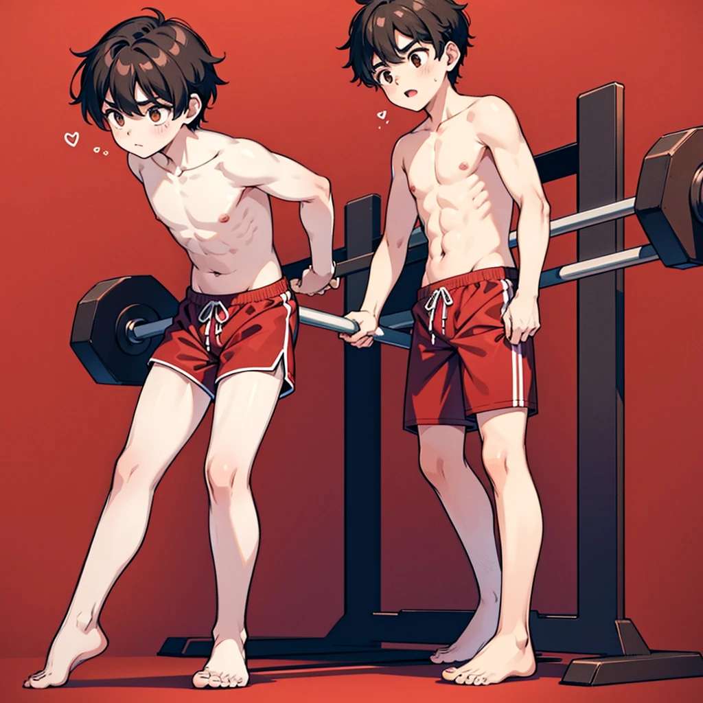 Boy with BLACK Hair, Brown Eyes, Shirtless, Barefoot, Red Shorts, Standing, Gym background