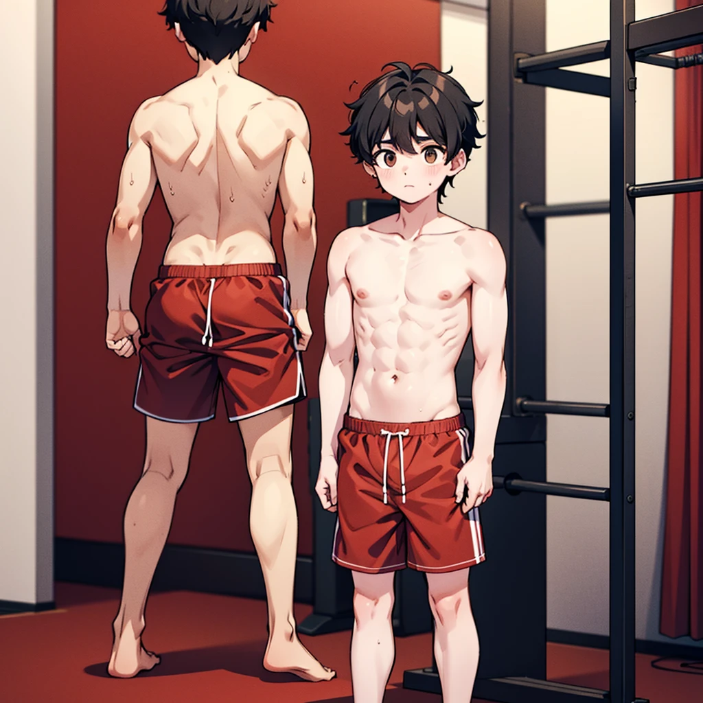 Boy with BLACK Hair, Brown Eyes, Shirtless, Barefoot, Red Shorts, Standing, Gym background