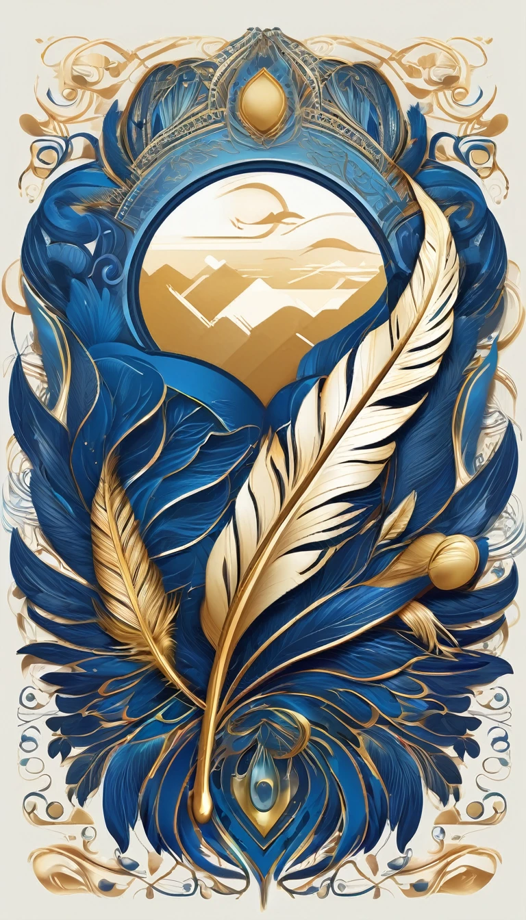 Create a flat vector, illustrative-style wordmark logo design for a storytelling and musical brand named 'Penamemoria'. The 'M' in 'Penamemoria' is transformed into a stylized feather, suggesting the brand's inspiration from fantasy birds. Use shades of blue, white and gold, evoking the imaginary and golden memories against a white background. Do not show any realistic photo detail shading. Include a boy playing acoustic guitar and a fantasy, unique feather by his side. Create a modern, logo that convey a sense of storytelling, dreaming and stories.