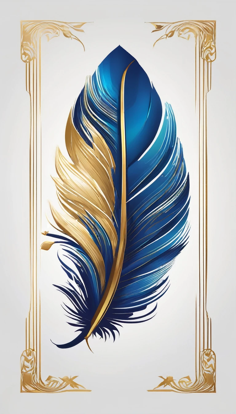 Create a flat vector, illustrative-style wordmark logo design for a storytelling and musical brand named 'Penamemoria'. The 'M' in 'Penamemoria' is transformed into a stylized feather, suggesting the brand's inspiration from fantasy birds. Use shades of blue, white and gold, evoking the imaginary and golden memories against a white background. Do not show any realistic photo detail shading. Include a boy playing acoustic guitar and a fantasy, unique feather by his side. Create a modern, logo that convey a sense of storytelling, dreaming and stories.