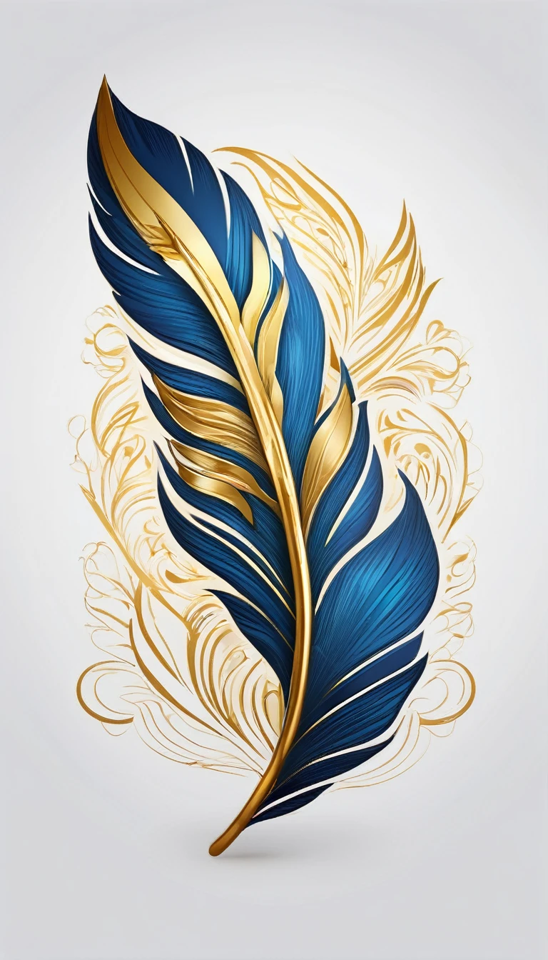 Create a flat vector, illustrative-style wordmark logo design for a storytelling and musical brand named 'Penamemoria'. The 'M' in 'Penamemoria' is transformed into a stylized feather, suggesting the brand's inspiration from fantasy birds. Use shades of blue, white and gold, evoking the imaginary and golden memories against a white background. Do not show any realistic photo detail shading. Include a boy playing acoustic guitar and a fantasy, unique feather by his side. Create a modern, logo that convey a sense of storytelling, dreaming and stories.