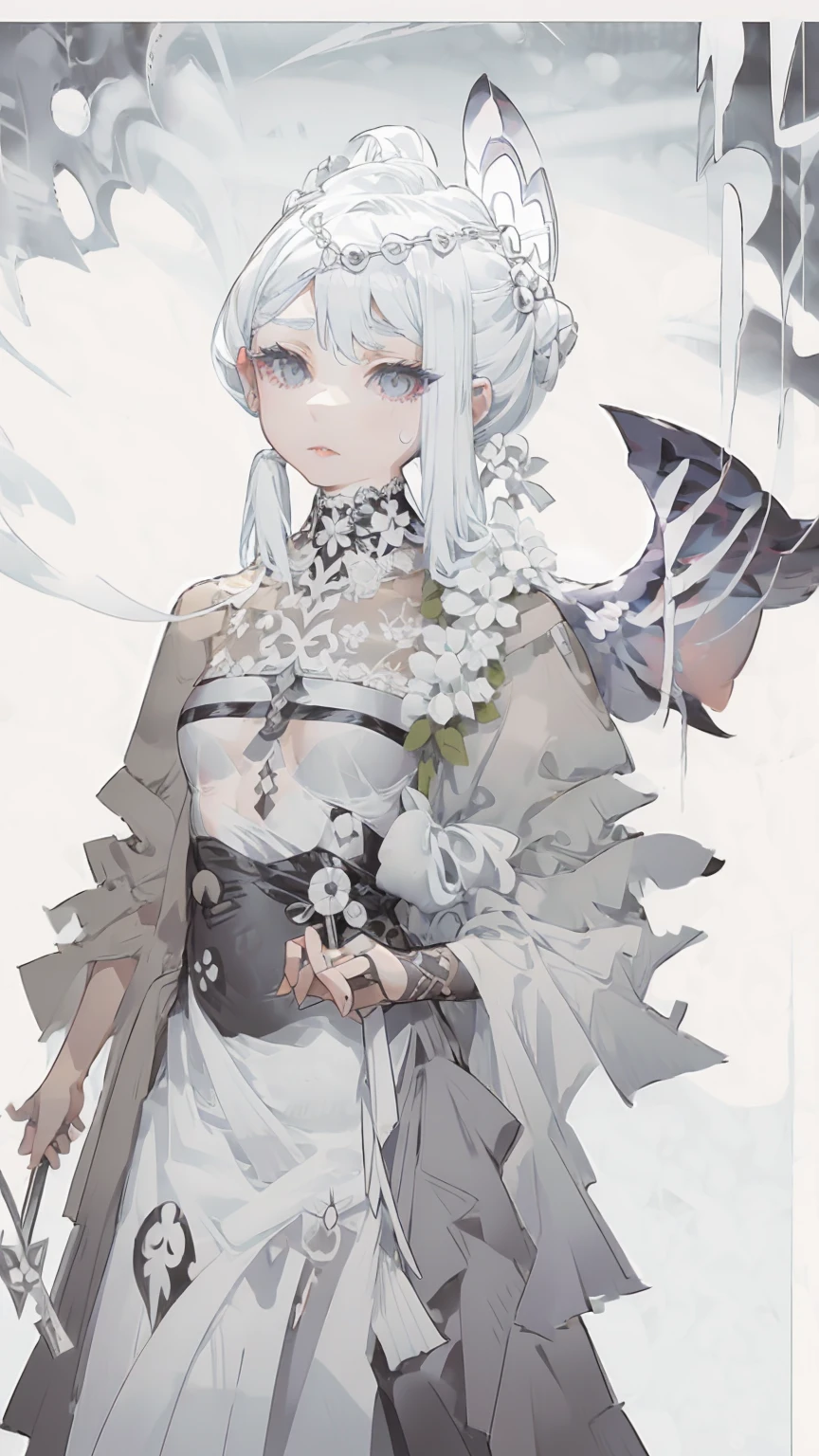 White Hair,White eyelashes,White Eyes,looking at the camera,Black long shirt,Realistic clothing drawing,Drawing range is from the waist up,An ennui look,Gazing somewhere far away,Fleeting atmosphere,Her hair is long and straight.,Smoke is shining,Wearing fog,art print,The background looks like it was painted over with black acrylic gouache.,Dark atmosphere,The crumbling angel halo、Her eyes are closing,Hollow Eyes,Angel Wings,The clothes are black