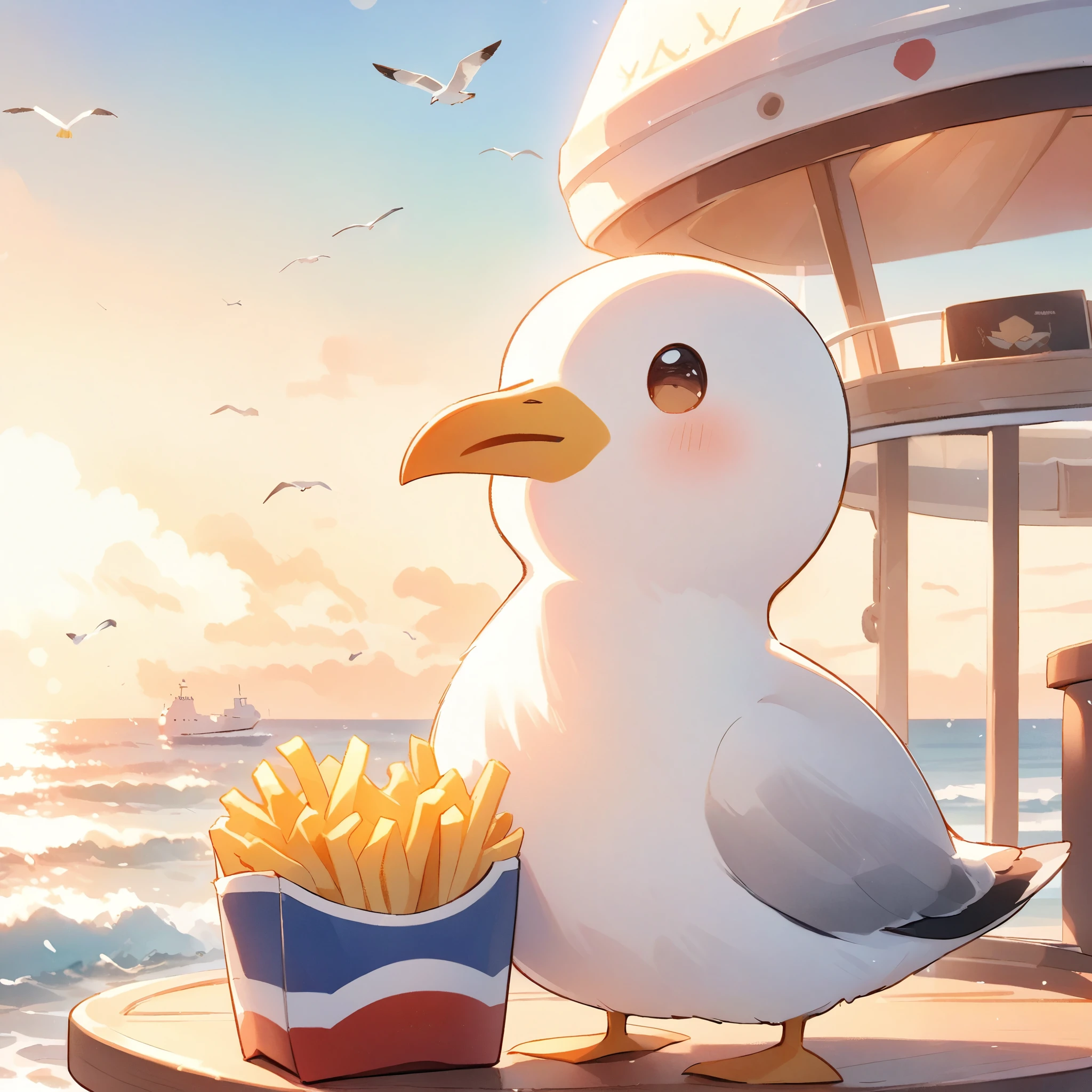 Seagulls on the coast, french friesを咥えて, A seagull is perched, 美味しそうなfrench fries:1.2, french fries, Tranquil seaside scenery, Anchored ship, Clear skies, dreamy_animal:1.1, Beautiful horizon, (Seagulls close-up:1.2, Seagull holding a potato:1.3, Watercolor).