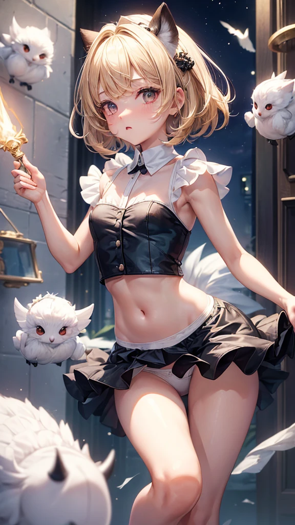 (masterpiece, highest quality:1.3), 1 cute girl, ideal ratio body proportions, blonde short hair, black frilled mini skirt, puffy shoulders, bare arms, magic wand, (white cotton panties, 1 strange small animals:1.4), dynamic pose, night city, 