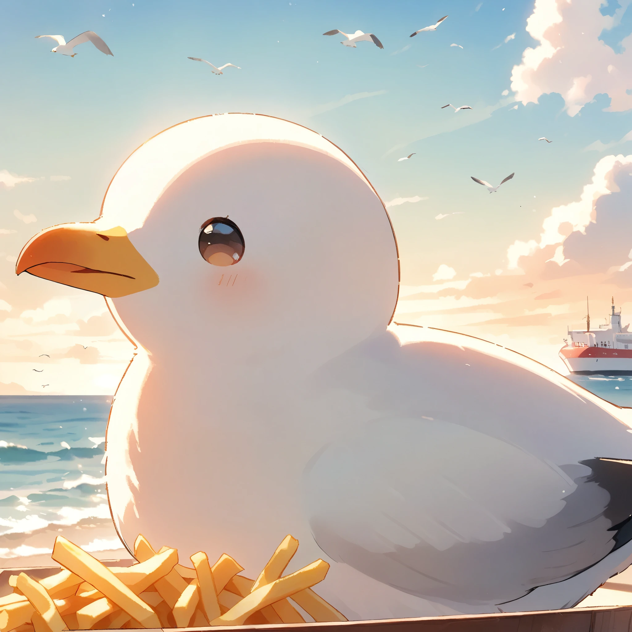 Seagulls on the coast, french friesを咥えて, A seagull is perched, 美味しそうなfrench fries:1.2, french fries, Tranquil seaside scenery, Anchored ship, Clear skies, dreamy_animal:1.1, Beautiful horizon, (Seagulls close-up:1.2, Seagull holding a potato:1.3, Watercolor).
