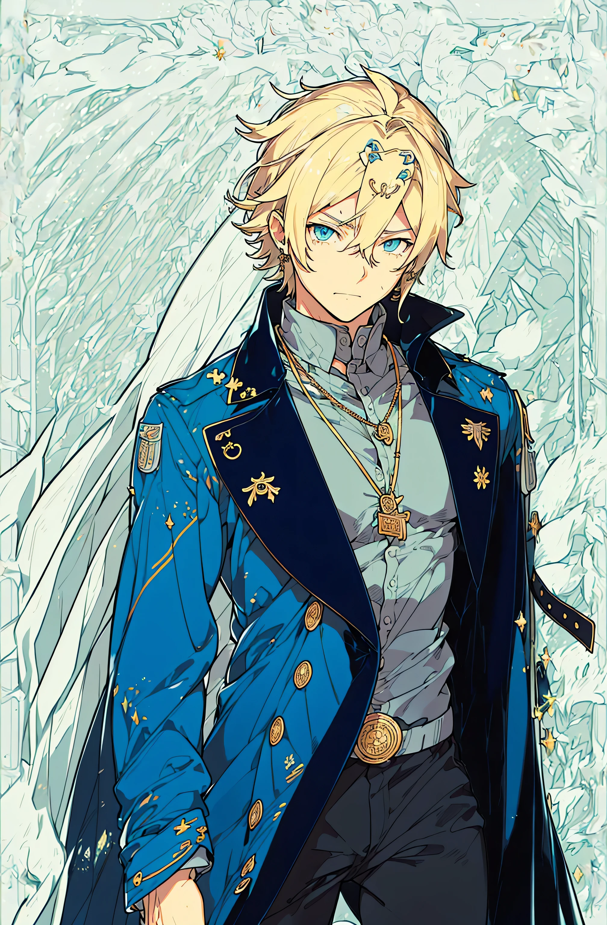 Extremely detailed，high resolution，Extremely detailed，Best quality，Astonishing，quality，Intricate details，Extremely detailed CG unified 8k wallpaper，Tarot，Blonde，Draw a male character，Wear a blue trench coat，Wearing a silver military badge necklace，blue eyes，Black trousers，A 25-year-old male