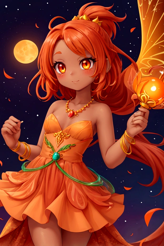 fully body view whimsical cute fairy  Tangerine Duskdancer has a vibrant and enchanting presence with her flowing hair in shades of tangerine and deep orange, adorned with tiny glowing orbs and sparkling twilight dew. Her wings are translucent with hues of orange and deep red, resembling the wings of a dragonfly, with intricate patterns that catch the light beautifully. She wears a dress made of soft, tangerine petals and autumn leaves, in hues of orange, red, and brown, giving her an enchanting and dynamic appearance. Her eyes are a deep amber, filled with the mysteries of dusk. Tangerine's skin has a subtle, dusky glow, as if touched by the last light of the day. She carries a staff made of twisted wood and adorned with a glowing topaz, which she uses to summon the energy of dusk and communicate with evening creatures. She is often accompanied by a small, magical bat with iridescent wings, fluttering around her. The background is an autumn forest with the soft, warm light of the setting sun and the first stars appearing in the twilight sky.