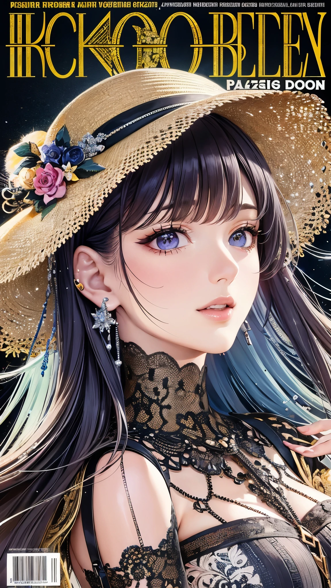 ((Highest quality)),(Ultra-high resolution),(Very detailed),(Detailed Description),((The best CG)),(A masterpiece),Ultra-detailed art,Amazing painting art,(Contemporary art with precise details:1.5),(Fashion magazine cover:1.8), (1 female fashion model:1.6),(Beautiful and well-proportioned face:1.5),Fashion Leader:1.6,Powerful gaze:1.4,(Wear your hat at an angle:1.3),Cropped tops,