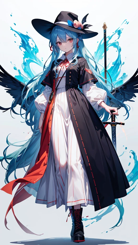Blue hair long A black hat with a small peach on it Lori Fair skin Red ribbon on chest White clothes Blue long skirt Seven-colored decoration on the skirt Have a flaming sword Brown boots