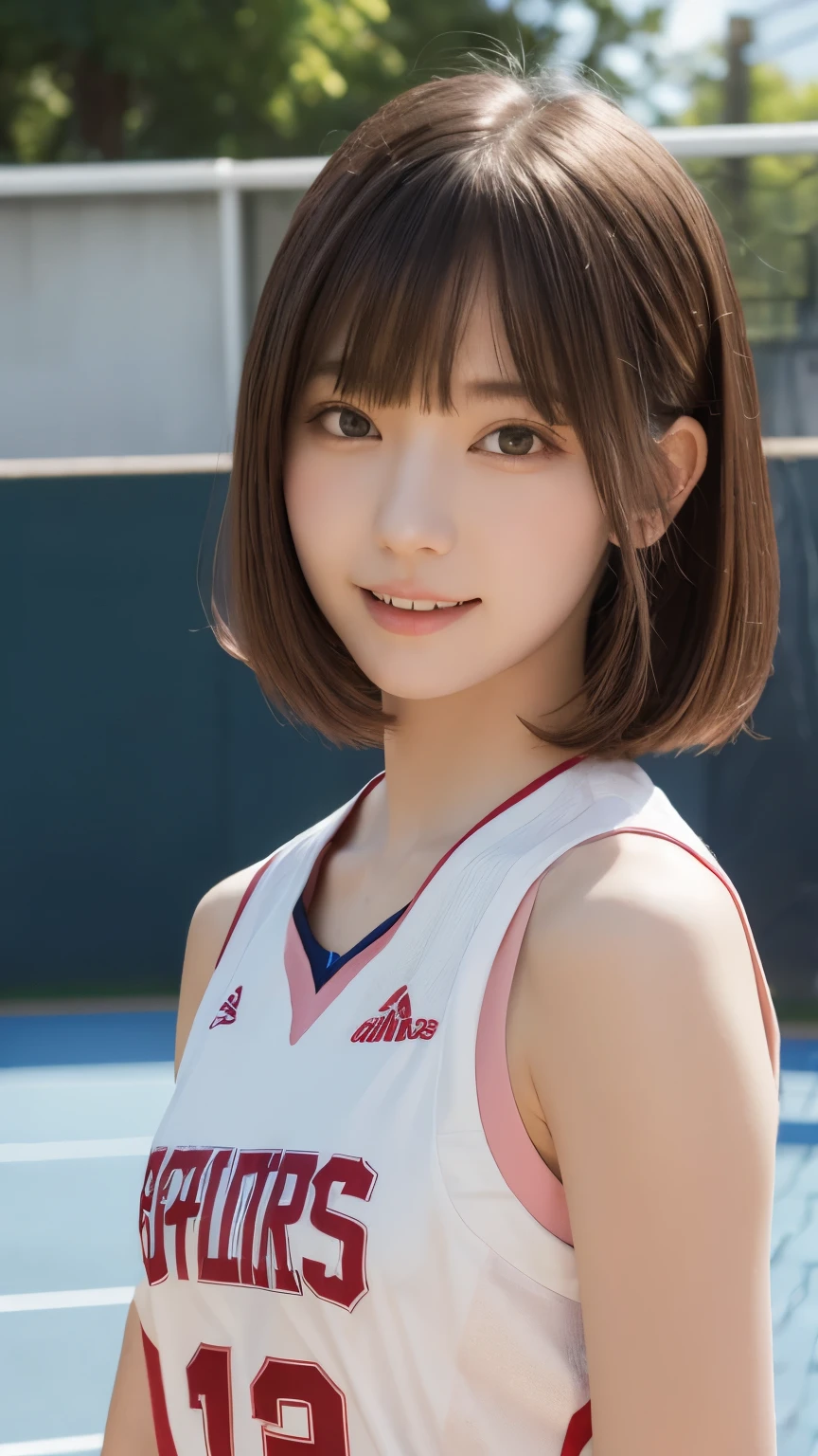 21 years old, Beautiful woman, Natural light, basketball uniform, Upper Body, Front view, basketball player , (highest quality, 8k, masterpiece), Tennis court, With bangs, A shy smile, (Embarrassing), looking at the camera, light makeup, Thin eyebrows, Natural Makeup, (light makeup), Thin eyebrows, Ultra-high resolution, Glowing Skin, (Light on the cheeks), Closed lips, (Pale pink) , viewer's perspective , View here,Basketball Shooting Scene