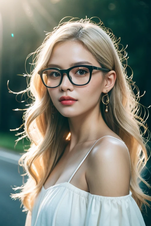  Photo portrait of a beautiful plump woman wearing glasses, long curly blonde hair, drooping shoulders, about 50 years old, (medium shot portrait:1.3), dramatic light, Rembrandt lighting scheme, (hyperrealism:1.2), (8K UHD: 1.2), (photorealistic :1.2), shot with Canon EOS 5D Mark IV, facial detail, skin texture detail, flawless smooth skin, radiant complexion, smooth touch, even texture, blemish free, radiant appearance, youthful appearance, soft and supple skin, non-porous , perfect skin tone, porcelain complexion, velvety smoothness, moist and fresh skin, natural beauty, healthy and bright skin, standing on the road