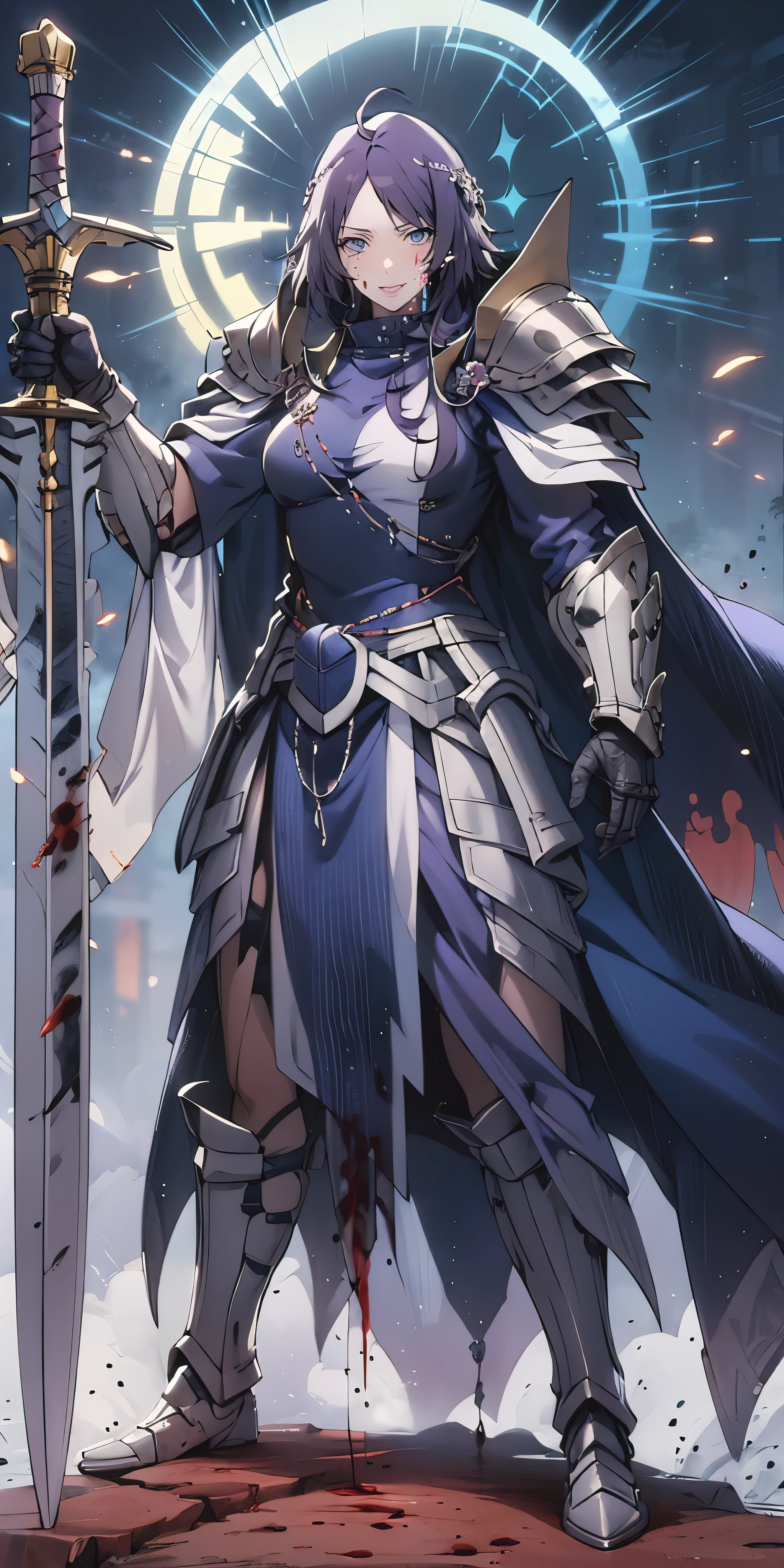 MC, ahoge, (long hari, purple hair:1.3), hair ornament, dark-blue eyes, anatomically correct, heavy breathing, mature female,solo, 1girl, holding, standing, weapon, female focus, sword, cape, holding weapon, armor, holding sword, shoulder armor, gauntlets, facing viewer, pauldrons, breastplate, planted, full armor, bokeh, backlighting, blood, bloody stream, water drop, reflective, (fog:1.3), fireflies, hollow eyes, bright pupils, dark-blue eyes, looking at viewer. glowing eyes heavy breathing, seductive smile, (steaming face:1.3), blush face, lips,