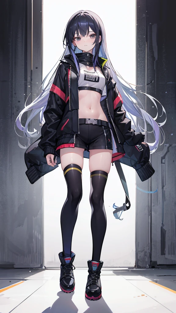 young girl, long white hair, cat ears, purple eyes, leather jacket, briefs, tear a stocking, black top, open your stomach, Lots of scars, nippers, fury, masterpiece, high quality