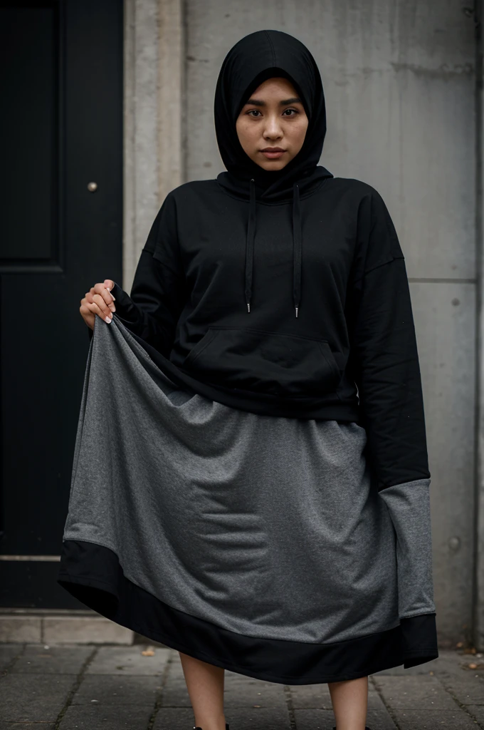 woman、Wearing a hijab、Wearing a black hoodie、Wearing a long skirt、Real、Ultra HD