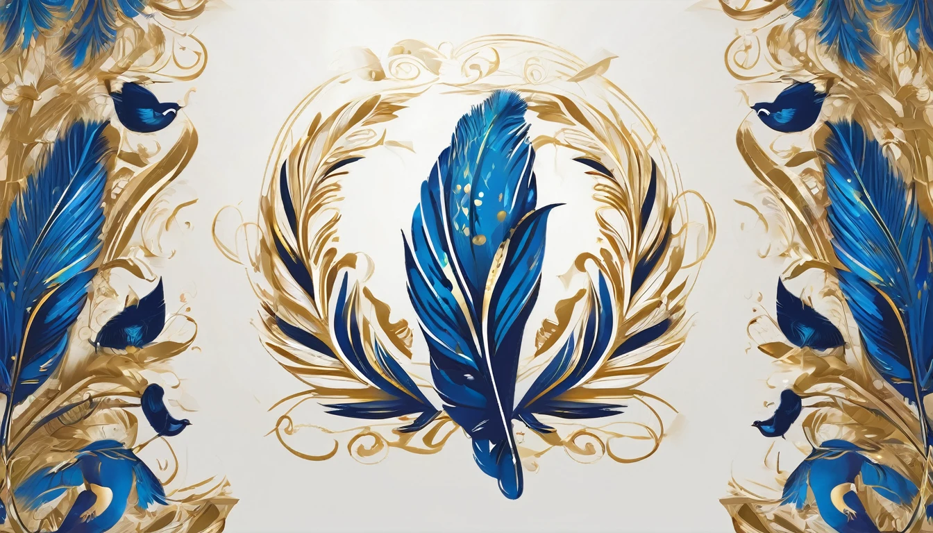 Create a flat vector, illustrative-style wordmark logo design for a storytelling and musical brand named 'Penamemoria'. The 'P' in 'Penamemoria' is transformed into a stylized feather, suggesting the brand's inspiration from fantasy birds. Use shades of blue and gold, evoking the imaginary and golden memories against a white background. Do not show any realistic photo detail shading. Include a boy playing acoustic guitar