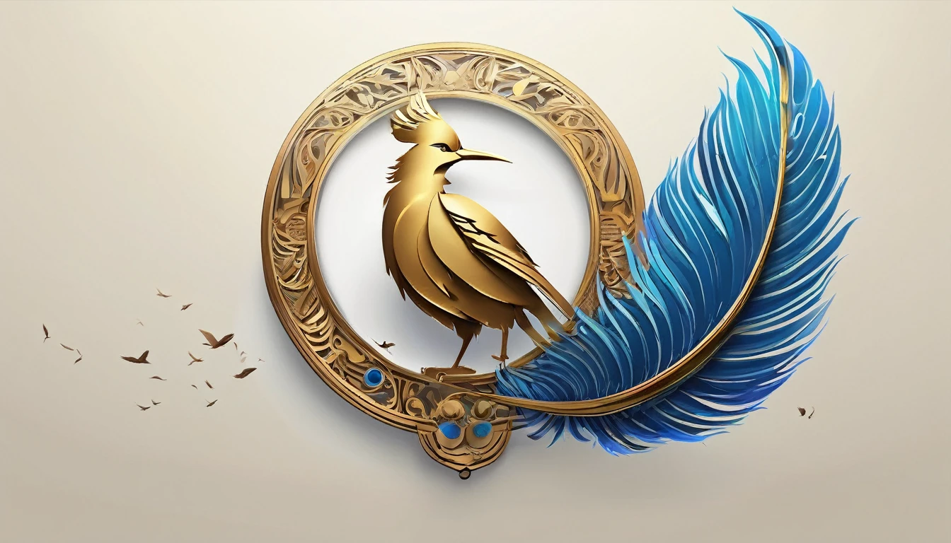 Create a flat vector, illustrative-style wordmark logo design for a storytelling and musical brand named 'Penamemoria'. The 'P' in 'Penamemoria' is transformed into a stylized feather, suggesting the brand's inspiration from fantasy birds. Use shades of blue and gold, evoking the imaginary and golden memories against a white background. Do not show any realistic photo detail shading. Include a boy playing acoustic guitar