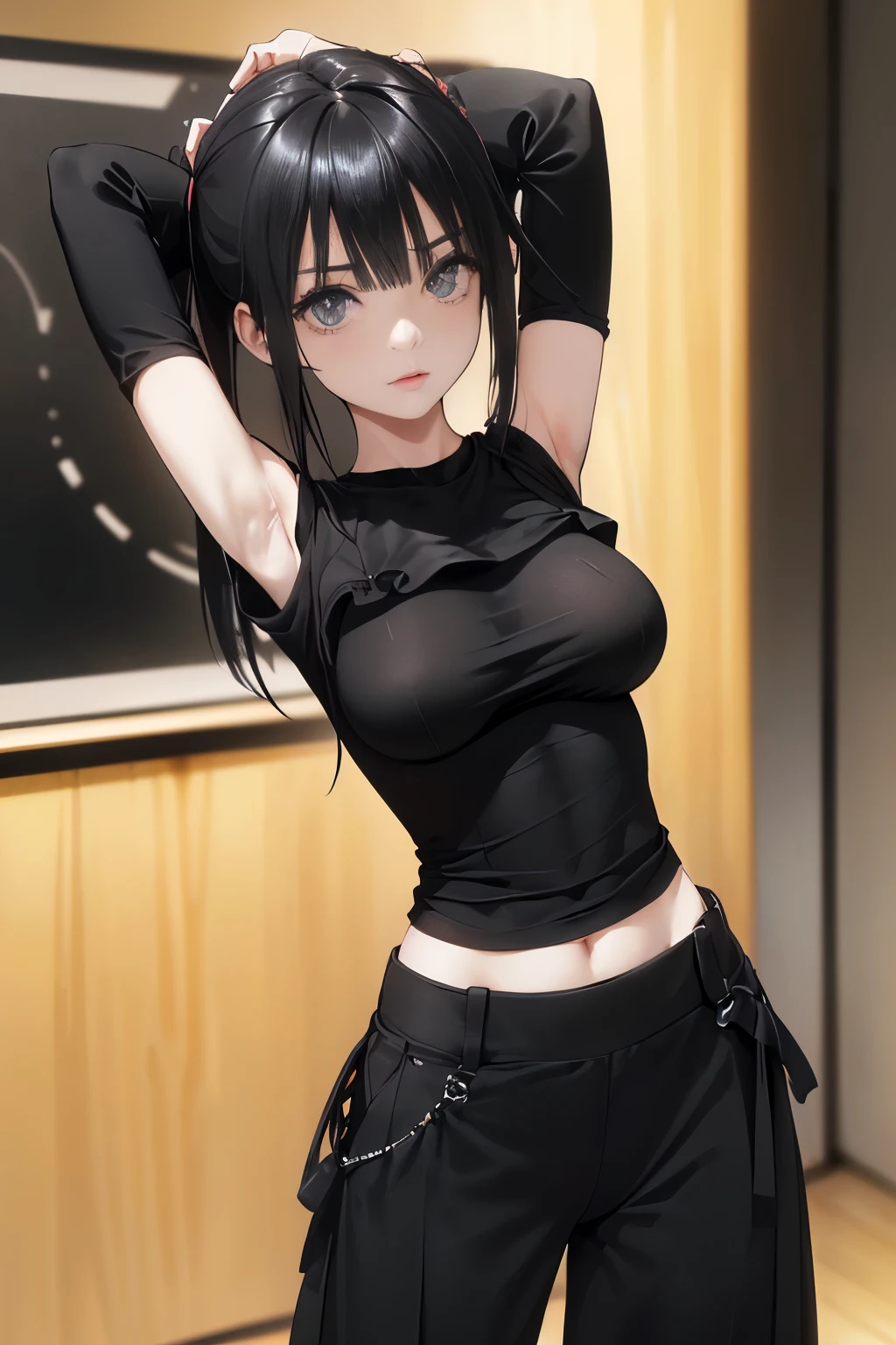 Optimal，masterpiece，High resolution，Highest quality，(Cowboy Shot)、Cute face，((Arms behind your hips:1.5))，Black Hair、Long Hair、Twin tails、Long eyelashes，Drooping eye corners，Are standing、Thin legs、White skin，((Shoot in the back:1.5)), ((Tight black t-shirt:1.5)). ((Beautiful nipples))、((Big Breasts:1.5)), 