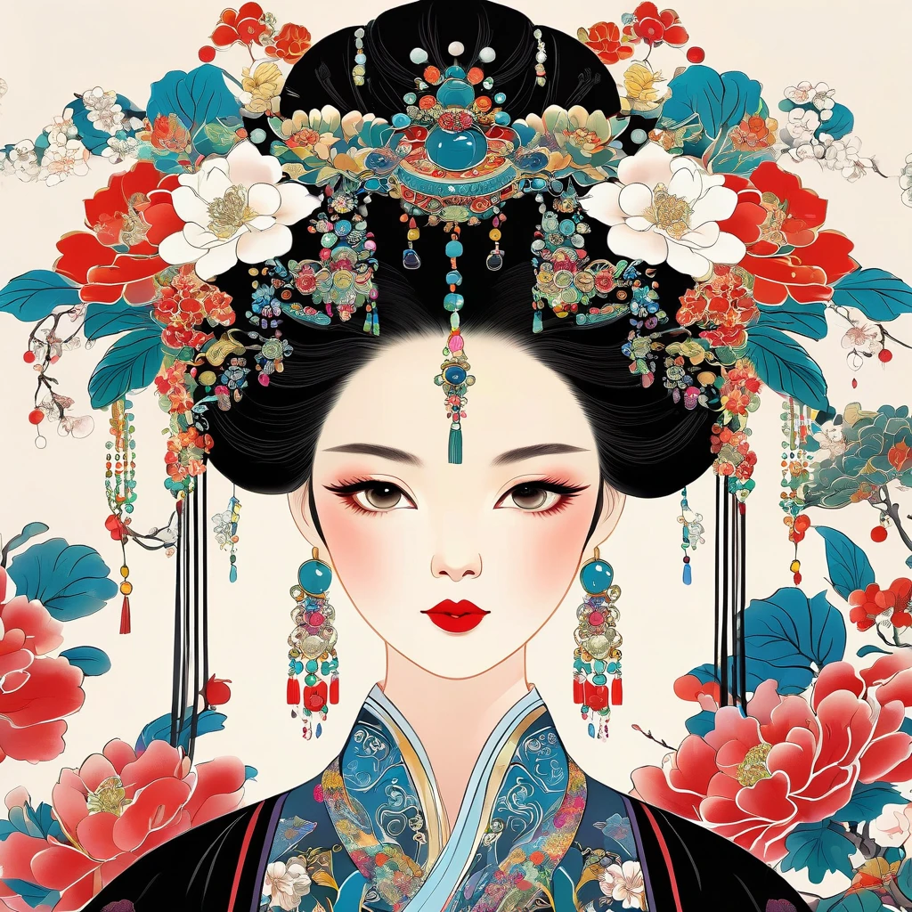 (masterpiece, Highest quality:1.2), Chinese style illustration of an ancient Chinese empress with flowers and jewels on her head, Black Hair, Wearing a luxurious robe in the style of Hidekazu,