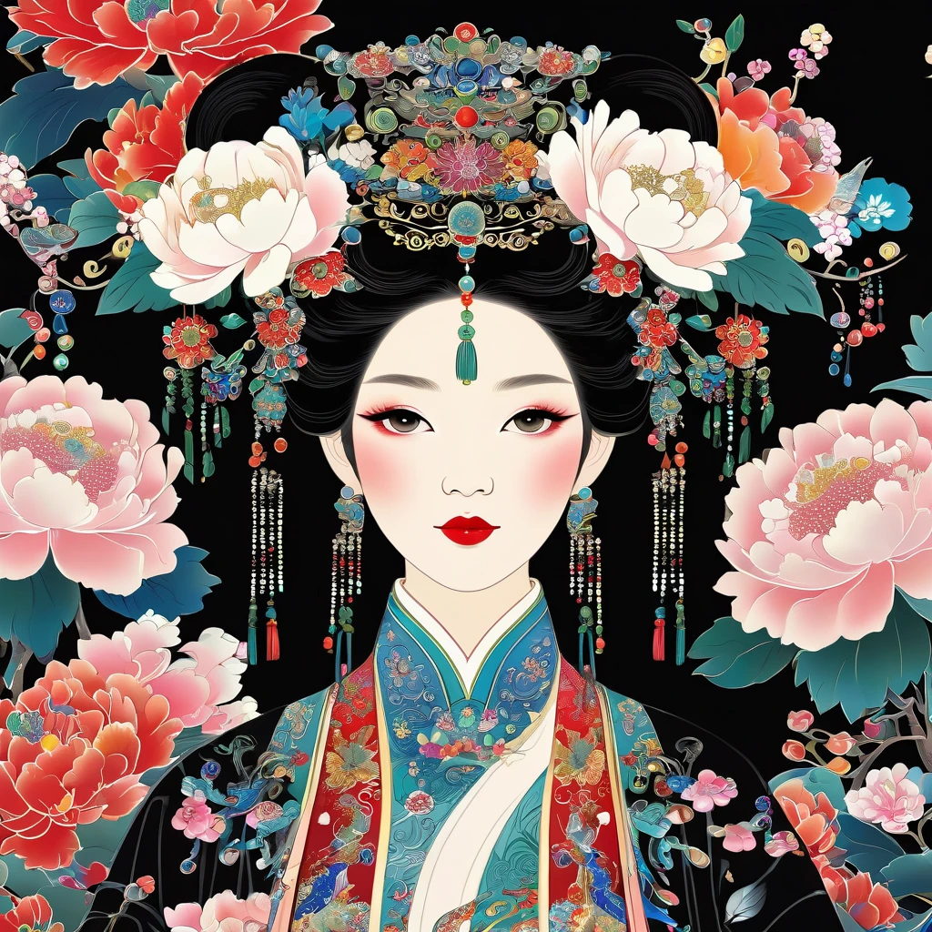 (masterpiece, Highest quality:1.2), Chinese style illustration of an ancient Chinese empress with flowers and jewels on her head, Black Hair, Wearing a luxurious robe in the style of Hidekazu, 