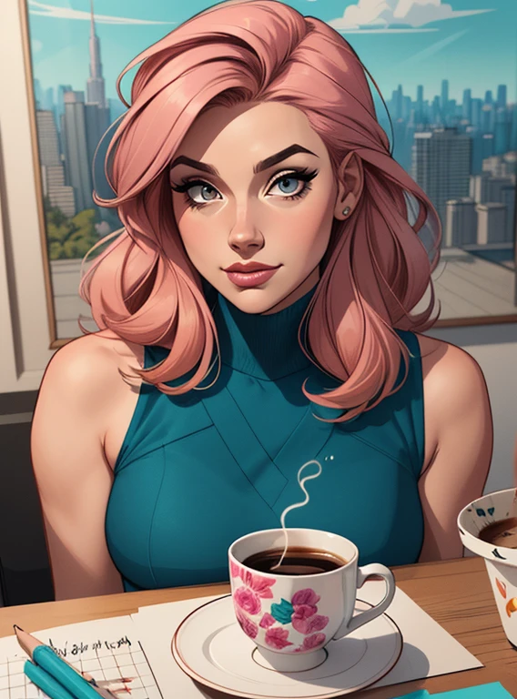 (estilo de desenho animado:1.2), Imagem de desenho animado de uma mulher com grande cabelo rosa, cups and coffee, garota funky super fofa, cartoon style illustration, Estilo de arte de desenho animado, Estilo de arte de desenho animado, digital illustration style, design de personagens altamente detalhado, arte digital detalhada fofa, City fan art, Design de personagens de retrato, beautiful digital illustration, retrato de alta qualidade, arte em quadrinhos, Retrato de design de personagens, fundo floral